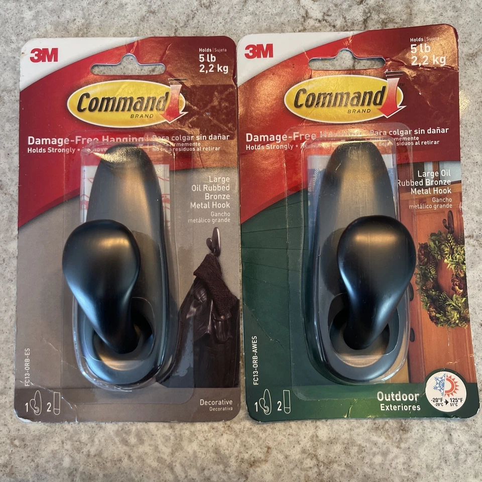 Gancho de metal colgante exterior 3M Command 5 lb sin daños, bronce, juego grande de 2 Foto 1 de 4