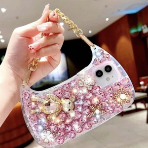 Rhinestone Pink Decor Bag Design W/Chain iPhone Case -  Fits  iPhone 15 Plus - Picture 1 of 4