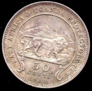 1918 East Africa & Uganda Protectorate 50 Cents Silver Coin  Mintage 60000 KM#9 - Picture 1 of 2