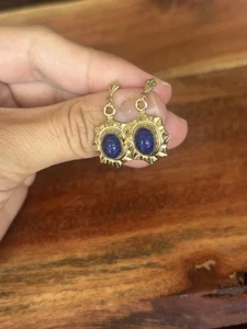Vintage 18k GE Faux Blue Lapis Lazuli Dangle Earrings – Egyptian Revival Style - Picture 1 of 9