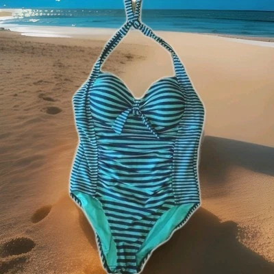 Traje de baño Merona Halter azul marino y verde Kelly a rayas grande Foto 1 de 4