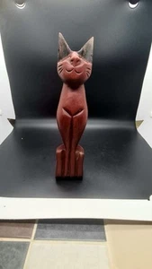Vintage Hand Carved Wooden Cat Figurine. Carved uneven he's a bit wobbly strange - Picture 1 of 8