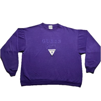 Rare Vintage 90s Guess Sweatshirt Purple Spell Out Logo Mens Large Embroidered - Image 1 of 4