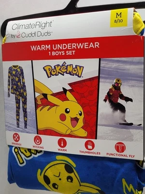 Boys Pokemon Medium 8-10 Kids Cliimate Right Cuddl Duds Warm Underwear Set New - Image 1 of 4