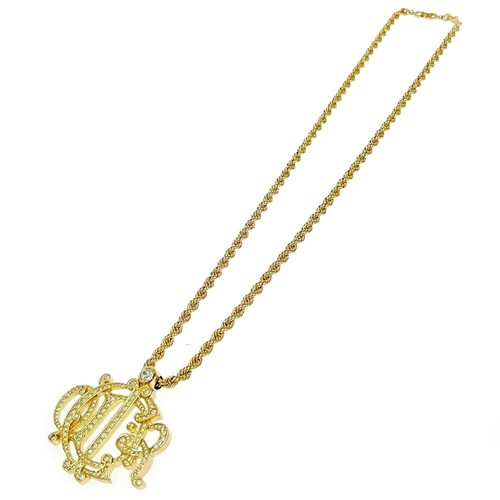 【Con Scatola】 Christian Dior Placcato Oro Strass Emblema Logo Collana Lunga...