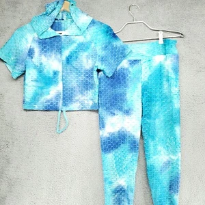 Girls Waffle Texture Size S 7- 8 Blue Tie Dye 2 Piece Set Hoodie Top & Pants PJ - Picture 1 of 24