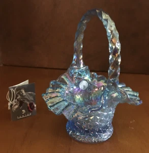 **Vintage FENTON GLASS 95th ANNIV ROBERT CAMDEN BLUE TWIST HANDLE BASKET USA TAG - Picture 1 of 19