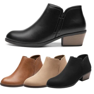 Women Classic Booties Almond Toe Low Chunky Heel Zip Up Ankle Boots - Picture 1 of 22