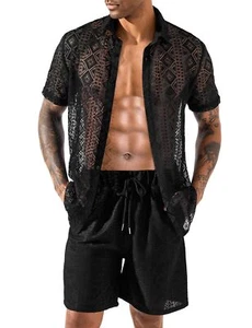 Mens 2 Piece Outfits Lace Summer Casual Short Sleeve Button Down Shirt Shorts... - Picture 1 of 6