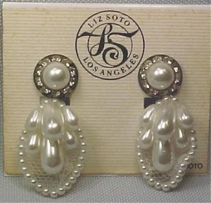 Rhinestone & Imitation Pearl Earrings Liz Soto New on Card Wedding Bridal - Picture 1 of 3