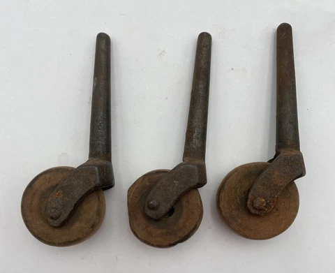 Antique Wood Caster Wheels Metal Stem Set Of 3 Vtg 1.25" Cover