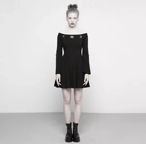 Covenstead Gothic Mini Dress Black Crescent Moon Witch Hollow Splice Sleeves Med - Picture 1 of 8