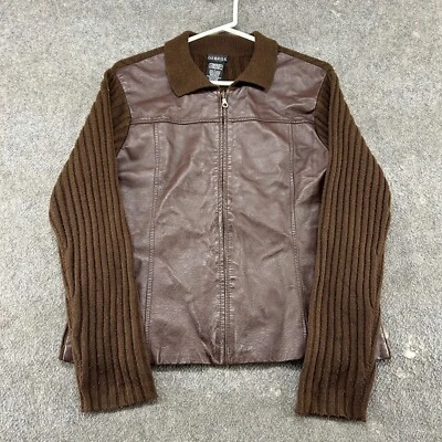 ВИНТАЖНЫЙ ребристый кожаная куртка женщин большой коричневый туго трикотажа подлинный полный молнии Y2K - Изображение 1 из 4