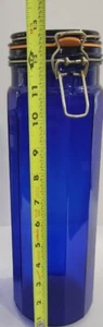 Vintage 13" Cobalt Blue Octagon Glass Jar Canister Wavy Bubbles Wire Bail  - Picture 1 of 10