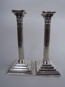 Victorian Candlesticks Classical Column English Sterling Silver Hutton 1889 - Picture 1 of 7