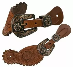 SPURRIEMEN Damen FLORAL Tooled Showman Leder Kupfer Schnalle einstellen 8,5 Zoll - 10 Zoll - Bild 1 von 1