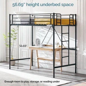 Wrought Iron Single-Layer Loft Bed Twin W/ Rubber Cushion Ladder  for Bedroom - Picture 1 of 11