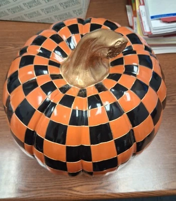 Fall MacKenzie-Childs Orange Black Gold Courtly Check Pumpkin 11 X 11” Halloween - Image 1 of 3