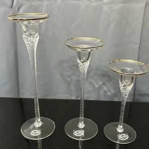Set Of 3 Crystal Taper Candle Holders Clear Gold Rim Twisted Stem Royal Gallery - Picture 1 of 18