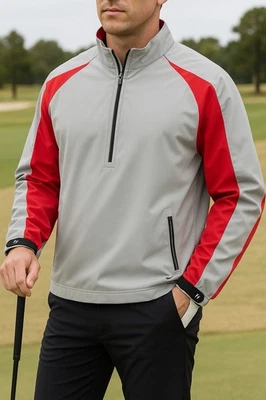 Jaqueta Pulôver Masculina FootJoy • Grande • Camisa de Golfe Cinza e Vermelha / Chuva 1/2 Zíper com - Imagem 1 de 4