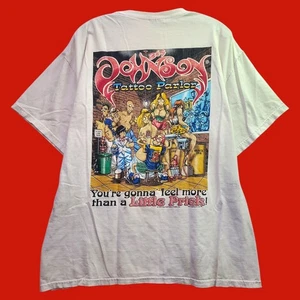 Vintage BIG JOHNSON Tattoo Parlor Shirt Adult XL White Graphic Pin Up 90s 1999 - Picture 1 of 10