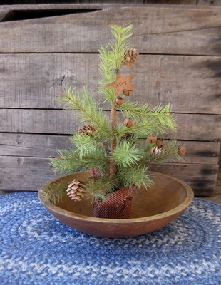 Antique Wood Dough Bowl w Primtive Christmas Tree - Image 1 of 4