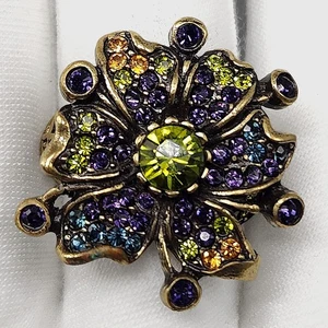Heidi Daus Flower Ring Green Purple Rhinestone Cluster Pave Brass Women's Sz 12 - Picture 1 of 10
