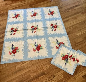 Vintage 1950s Wilendur Floral Flower Cloth Tablecloth & 4 Matching Napkins Set - Picture 1 of 10