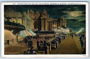 1910-20's ROLLING CHAIR PARADE WINTER NIGHT ATLANTIC CITY NJ NEW JERSEY POSTCARD - Picture 1 of 2