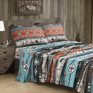 5-Piece Southwestern Cowboy Rodeo Sheet Set Split King Size - Multicolor Blue... - Picture 1 of 9