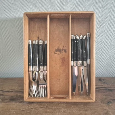 Vintage LAGUIOLE Flatware Set in Wooden Basket Forks Knives - Image 1 of 4
