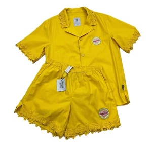 NWT Savage X Fenty 2-pc Sleepwear Set Button Down Top - Shorts SMALL Yellow Lace - Picture 1 of 14