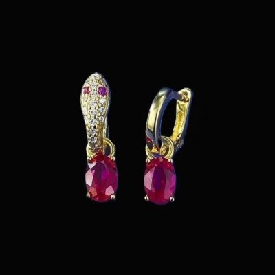 1ct Oval Ruby Cute Snake Drop Dangle 5/8'' Earrings 925 Sterling Silver - Image 1 of 3