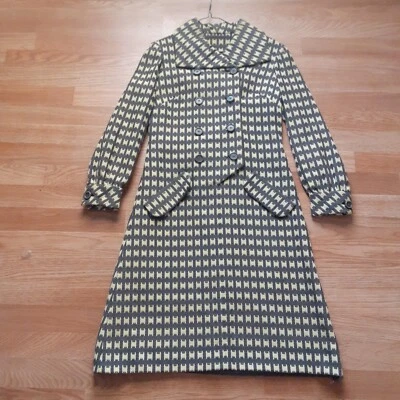 Vintage 60s Winter Dress Beige Gray Pattern Wool Tweed - Image 1 of 4