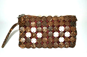 Coconut Shell Beaded Clutch Bag Zip Pouch Wallet Flat Round Island Pendants Case - Picture 1 of 7