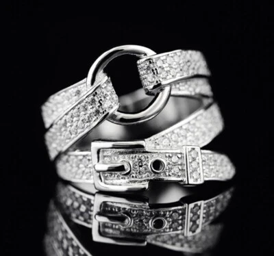 Adjustable Silver Belt Shape Crystal Zircon Stone 925 Silver Fashion Band Ring  - Image 1 of 4
