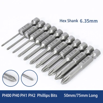 Magnetic PH0 PH1 PH2 Phillips Head Screw Bit Long Impact Driver Drill 1/4" Hex - Image 1 of 4