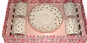 GRACE'S TEAWARE 8-PC BOX SET 4 Porcelain ESPRESSO Mugs Cups, 4 Saucers Polka Dot - Picture 1 of 6