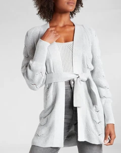 nwt EXPRESS pointelle belted cardigan sweater blouse top m silver gray - Picture 1 of 2