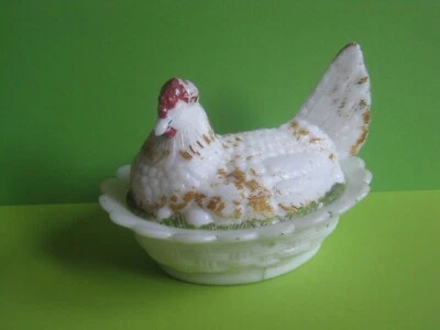 Ancienne poule dans son nid en opaline de foire bonbonnière sucrier vide poche - Photo 1/4