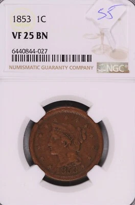 1853 Braided Hair Large Cent NGC VF-25 BN #4-027 - Image 1 of 2
