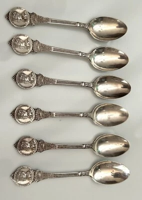 Juego de 6 cucharas Demitasse coronación plata real 1937 abedules de colección vintage Foto 1 de 4