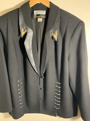 Chaqueta de noche de lana negra Lucien Daunois de colección para hombre detalles de cuero y oro talla 46 Foto 1 de 4