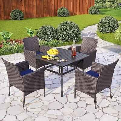 Gartenmöbel Set 4 Rattan Stühle + 1 Metall Tisch Gartenset Draussen Essgruppe - Bild 1 von 4