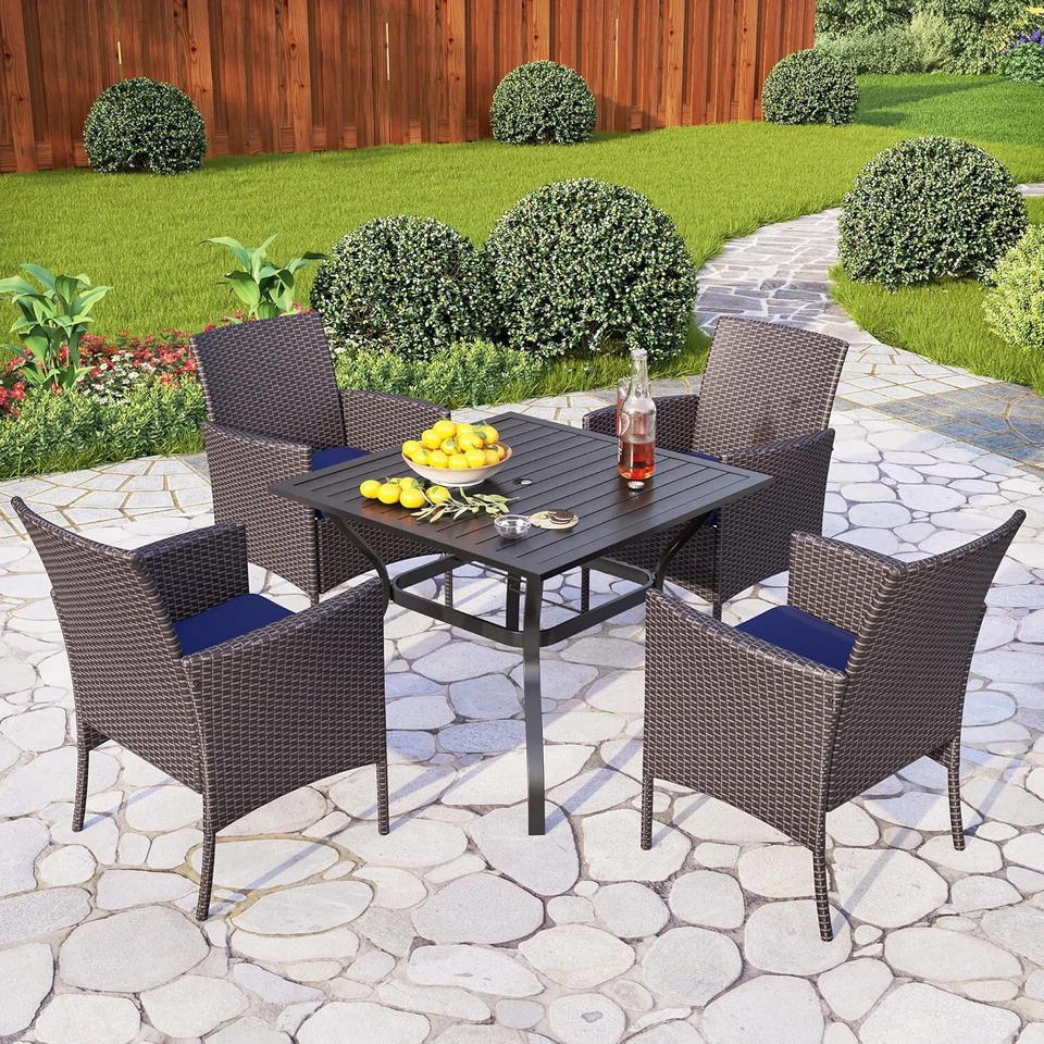 Gartenmöbel Set 4 Rattan Stühle + 1 Metall Tisch Gartenset Draussen Essgruppe - Bild 1 von 4