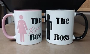 Valentines Day,Chstmas Love,Boss & Real Boss His & Hers Coffee Set Coloured Mugs - Picture 1 of 4