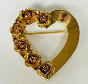 Vintage Gold Tone Heart with roses Brooch Pin - Picture 1 of 3