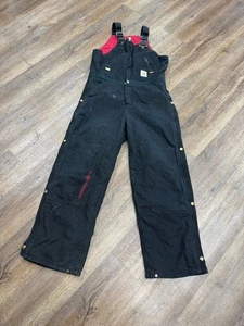 Carhartt Black Bib Overalls R38 BLK Red Quilted Lined 32x30 Double Knee. - Foto 1 di 8