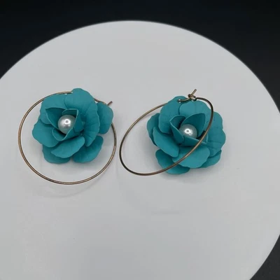 Vintage Teal Floral Hoop Earrings with Pearl Center – Statement Flower Jewelry - Image 1 of 4