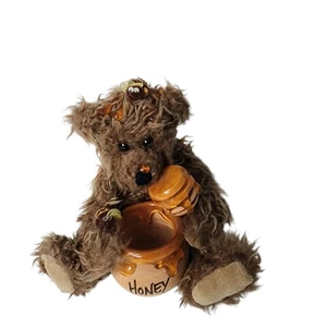 Vintage Orzek Maggie Honigbär Plüsch isst aus Honigtopf - Bild 1 von 7